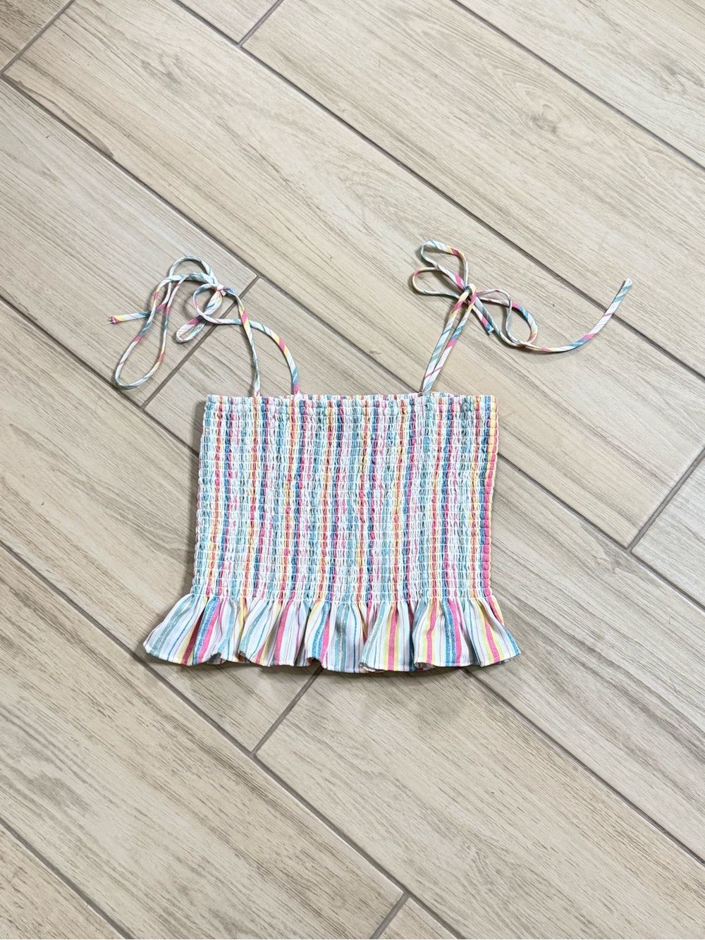 Forever 21 Rainbow Striped Smocked Peplum Crop Top Tie Shoulder Size M